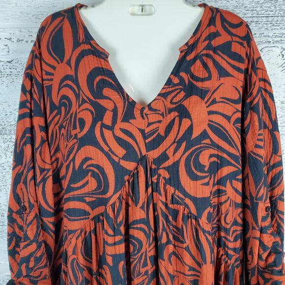 June + Vie Gauze Maxi Dress Abstract Orange Blue Sz 12 Coastal Grandmother - Picture 2 of 10